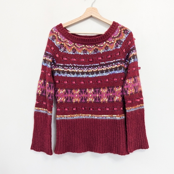 Vintage Moda Int Fair Isle Beaded Ribbon Mohair Holiday Knit Sweater - Picture 1 of 10